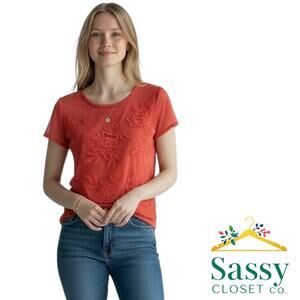 INC International Concepts Coral Pink Floral Textured Mesh Sleeve Top Size M